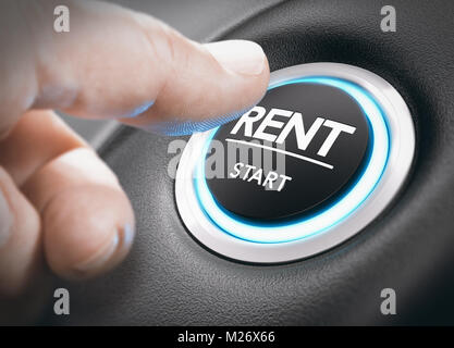 Man pushing a start button with the word rent. concept of car or vehicle rental. Composite image between a hand photography and a 3D background. Stock Photo