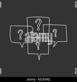 Question marks in thought bubbles. Hand drawn line art cartoon vector illustration on black background. Stock Vector