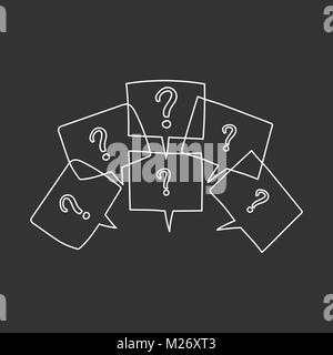 Question marks in thought bubbles. Hand drawn line art cartoon vector illustration on black background. Stock Vector