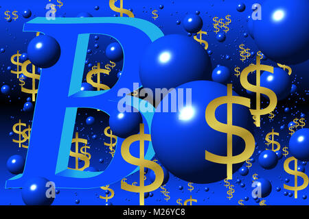 Abstract depiction of the technology of blockchain with blue balls and symbols of dollar Stock Photo