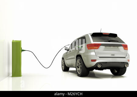 3D render of an electrict car plugged to a power station Stock Photo