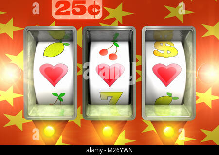 3D render of a close up of  a slot machine with hearts shapes in the wining line Stock Photo