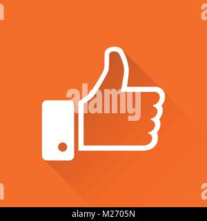Like icon vector illustration in flat style isolated on orange background with long shadow. Thumb up symbol for web site design, logo, app, ui. Stock Vector