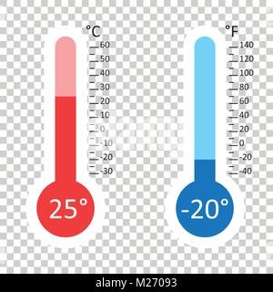 Celsius and Fahrenheit thermometers icon with different levels. Flat vector illustration on isolated background. Stock Vector