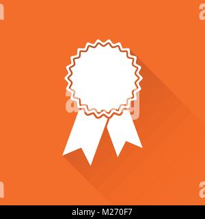 Badge with ribbon icon. Vector illustration in flat style on orange background with long shadow. Stock Vector