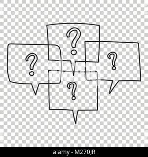 Question marks in thought bubbles. Hand drawn line art cartoon vector illustration on isolated background. Stock Vector