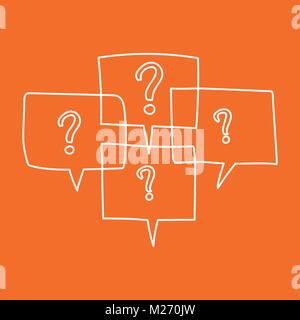 Question marks in thought bubbles. Hand drawn line art cartoon vector illustration on orange background. Stock Vector