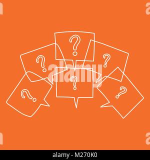 Question marks in thought bubbles. Hand drawn line art cartoon vector illustration on orange background. Stock Vector