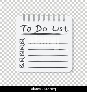 Realistic notepad with spiral. To do list icon with hand drawn text. School business diary. Office stationery notebook on isolated background Stock Vector