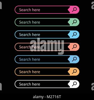 Search bar field. Set vector interface elements with search button. Flat vector illustration on black background. Stock Vector