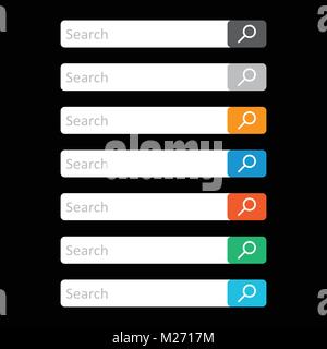 Search bar field. Set vector interface elements with search button. Flat vector illustration on black background. Stock Vector