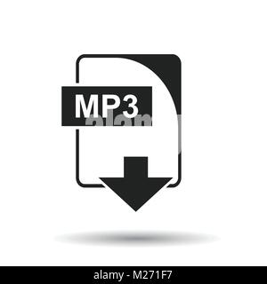 MP3 icon. Flat vector illustration. MP3 download sign symbol with shadow on white background. Stock Vector
