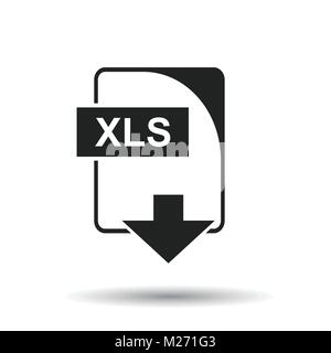 XLS icon. Flat vector illustration. XLS download sign symbol with shadow on white background. Stock Vector