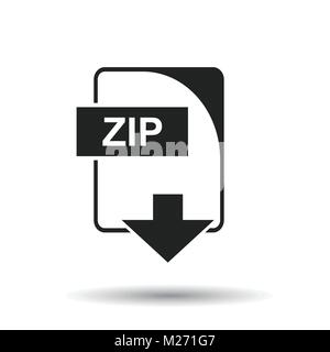 ZIP icon. Flat vector illustration. ZIP download sign symbol with shadow on white background. Stock Vector