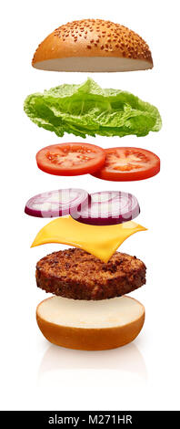 Delicious hamburger with cheese, tomato, onions and lettuce floating on white background Stock Photo