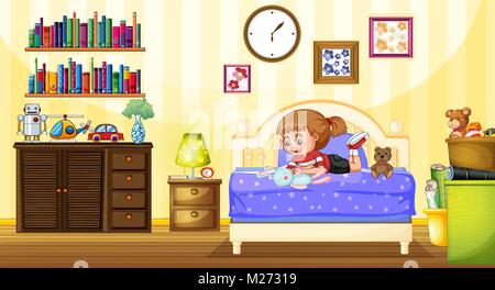 little girl playing with a doll house cartoon illustration Stock Vector