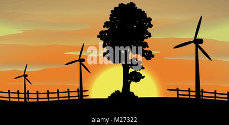 Silhouette scene with wind turbines in the field illustration Stock Vector