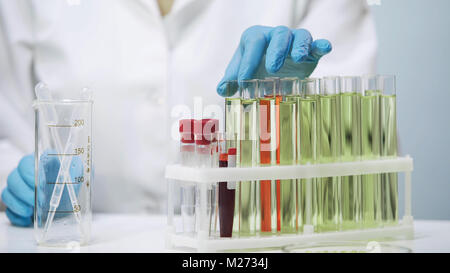 Doctor's hands taking test tube, female doing biomedical research in laboratory Stock Photo