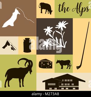The Alps flat icons. Mountain Matterhorn, Alpine ibex, chalet, edelweiss flowers, alpenhorn, milk, squared Stock Vector