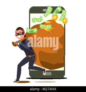 Thief And Smartphone Vector. Bandit With Bag. Insurance Concept. Burglar, Robber In Mask. Crack User Personal Information. Fishing Attack To Smartphone. Isolated Flat Cartoon Illustration Stock Vector