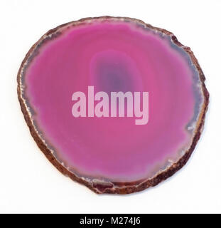 Vibrant and shiny agate rock slice isolated on white background. Calgary, Alberta, Canada. Stock Photo