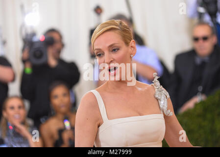 Uma Thurman arrives for the Costume Institute Benefit at the Metropolitan Museum of Art on May 2, 2016 in New York. Stock Photo