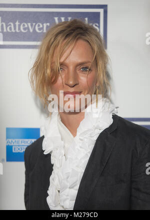 Actress Uma Thurman arrives at the premiere of Woody Allen's new film 'Whatever Works' April 22, 2009 on opening night at the Tribeca Film Festival in Stock Photo