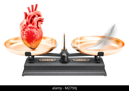 Balance concept, scales with heart and feather. 3D rendering isolated on white background Stock Photo