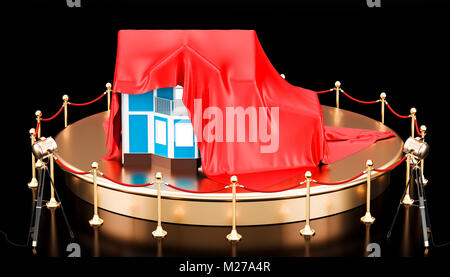 Podium with house covered red cloth. 3D rendering isolated on black background Stock Photo