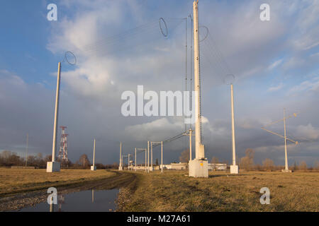 transmitter Sender Moosbrunn of Österreichische Rundfunksender (Austrian Broadcasting Services), 2 Quadrantantennen (quadrant antennas) Stock Photo