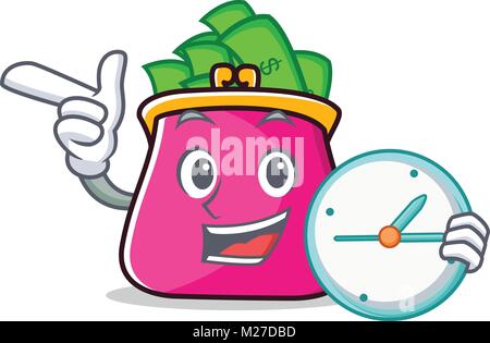 With clock purse character cartoon style Stock Vector
