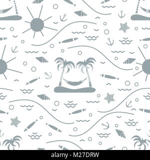 Cute seamless pattern with fish, island with palm trees and a hammock, anchor, sun, waves, seashells, starfish. Design for banner, poster or print. Stock Vector