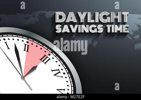 Banner for change your clocks message for Daylight Saving Time on world map. Vector illustration Stock Vector