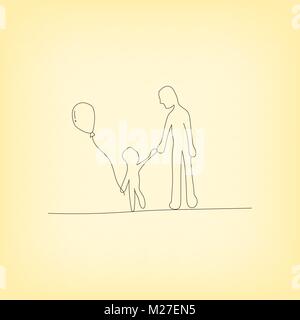Lined design of father day in minimal style. Dad and son walking together on yellow background. Vector illustration eps10. Stock Vector