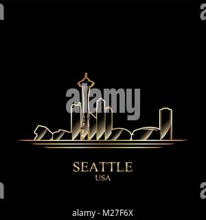 Gold silhouette of Seattle on black background, vector illustration Stock Vector