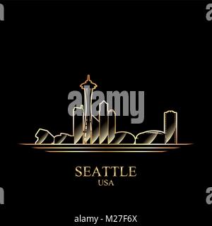 Gold silhouette of Seattle on black background, vector illustration Stock Vector