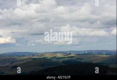 Glenkerie wind farm on Broomy Hill from the Three Brethern, near Selkirk Stock Photo