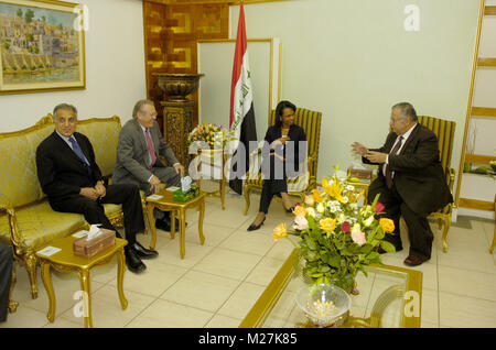 From left United States Ambassador to Iraq Zalmay Khalilzad, US Secretary of Defense Donald H. Rumsfeld and US Secretary of State Condoleezza Rice meet with President Jalal Talabani of Iraq in Baghdad, Iraq, on April 26, 2006.  Rumsfeld and Rice made an unannounced visit to Iraq to meet with senior military commanders and Iraq's new Prime Minister designate Jawad al-Maliki.   Mandatory Credit: Chad J. McNeeley / DoD via CNP /MediaPunch Stock Photo