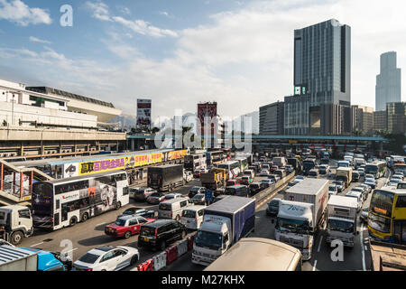 Hong Kong - January 25 2018: Traffic jam on the crowded road leading to and from the Cross harbour tunnel in Hung Hom between Kowloon and Causeway Bay Stock Photo