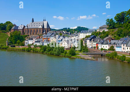 View on old town with Saint Laurentius church, Saarburg at the Saar river, Rhineland-Palatinate, Germany, Europe Stock Photo