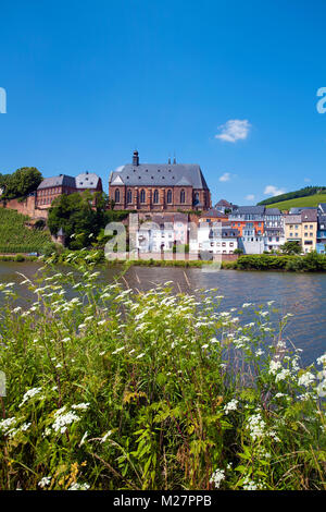 View on old town with Saint Laurentius church, Saarburg at the Saar river, Rhineland-Palatinate, Germany, Europe Stock Photo