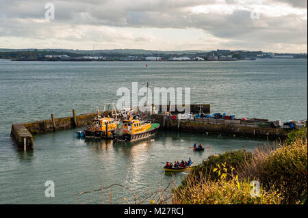 Cork pilot boats 'Gleann Mor and 'Failte' moored in Cork Harbour, Cobh, County Cork, Ireland with copy space., Stock Photo