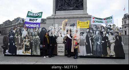 Women's activist Amika George, Mayor of London, Sadiq Khan (second left), Curator of the Historic Royal Palaces Lucy Worsley (second right) and Deputy Mayor Justine Simons (right) at the opening of an exhibition in Trafalgar Square, London to mark the centenary of women's suffrage. Stock Photo