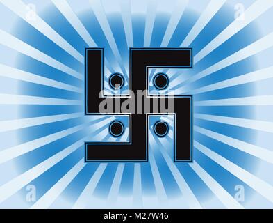 The most important symbol in the religion of Jainism -  the Sun Swastika. Gradient blue background, blue sun rays, button, vector Stock Vector