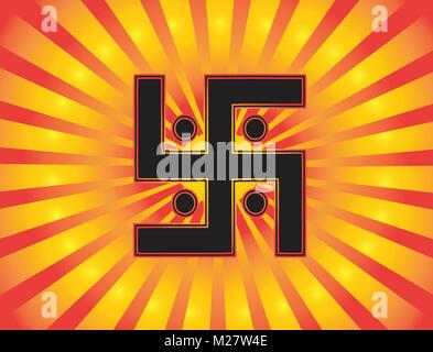 The most important symbol in the religion of Jainism -  the Sun Swastika. Gradient red and gold background, red and gold sun rays, button, vector Stock Vector