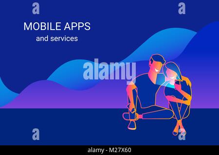 Young couple using smartphone sitting on graphs and enjoying online services, mobile apps and networks Stock Vector