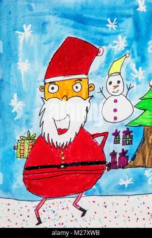 Childs watercolor drawing of Santa Claus  in the winter Stock Photo