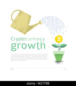 Bitcoin and other cryptocurrencies mining and growth, conceptual poster, vector illustration. Stock Vector
