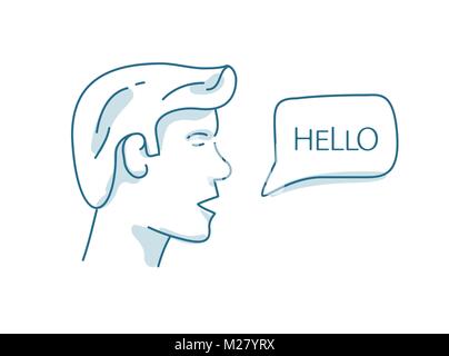 Men s head with dialog speech bubble, saing Hello , vector illustration Stock Vector