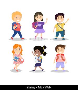 Set of cute smiling school children with backpacks, vector illustration Stock Vector